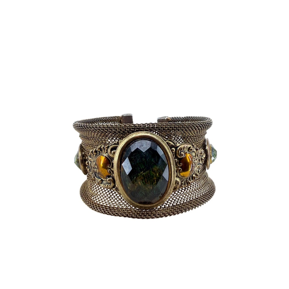 Chicos Mesh Cuff Bracelet Bronze Amber Green Stone Statement Filigree Vintage